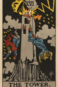 Carta del Tarot La Torre: Torre golpeada por rayo, figuras cayendo, nubes oscuras.